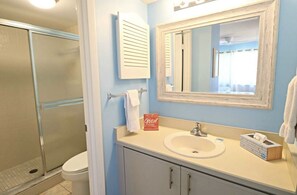 Tina, secadora de cabello, toallas, jabón 