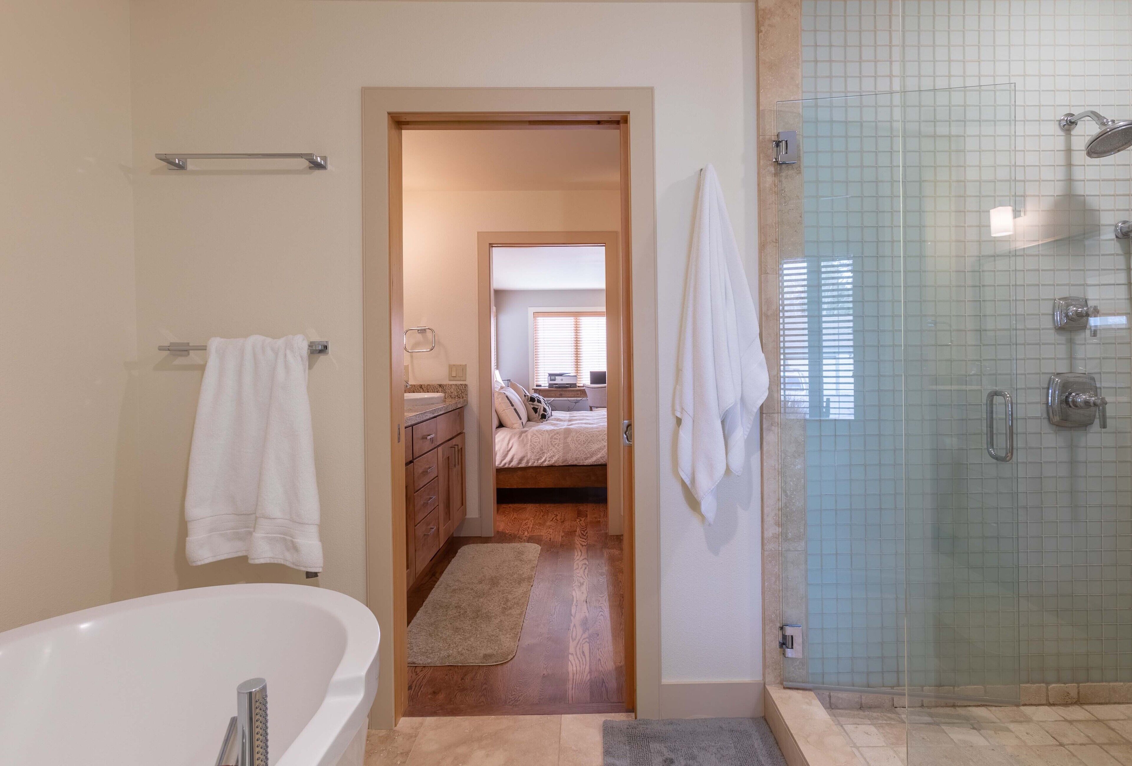 Bathtub, hair dryer, towels