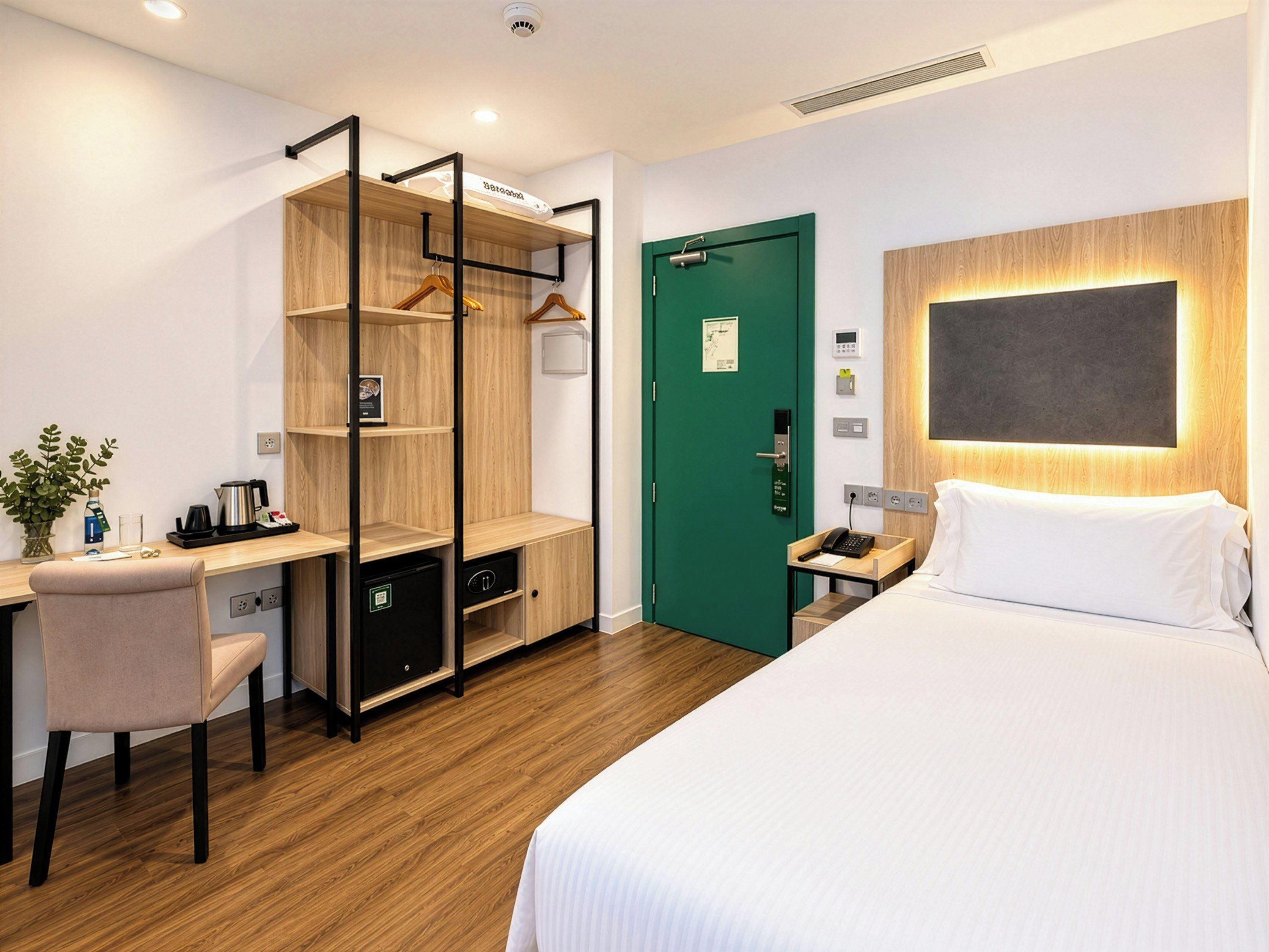 A hotel room with a bed, a desk with a chair, a wardrobe, a green door, and a wall-mounted light fixture.