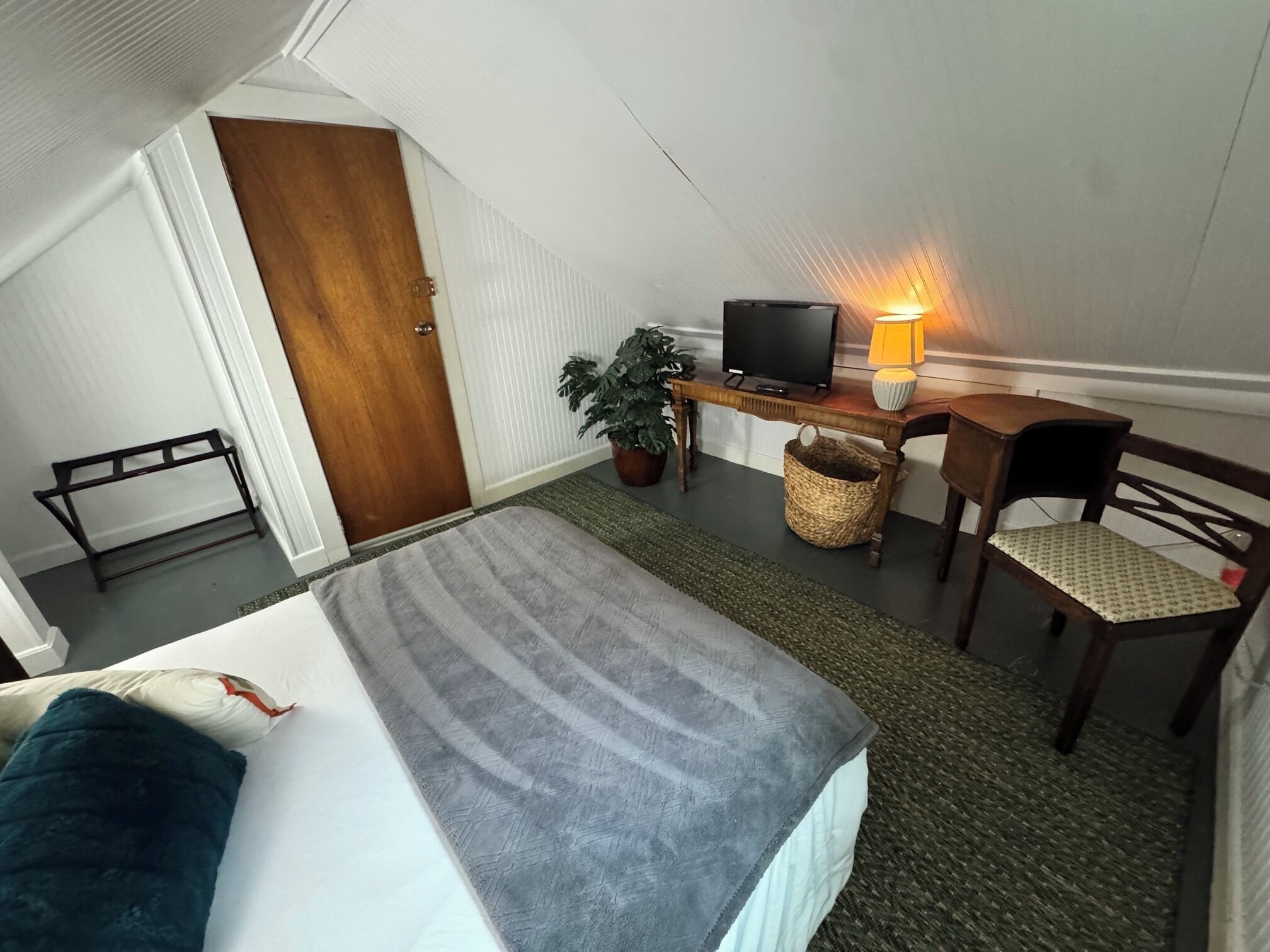 Une chambre à coucher avec un lit, un bureau avec une télévision, une chaise, une plante et une lampe.