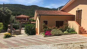 Ein Wohnhaus mit gepflasterter Auffahrt, einer Steinmauer und einem Garten mit verschiedenen Pflanzen und Blumen.