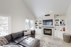 テレビ、暖炉、DVD プレーヤー