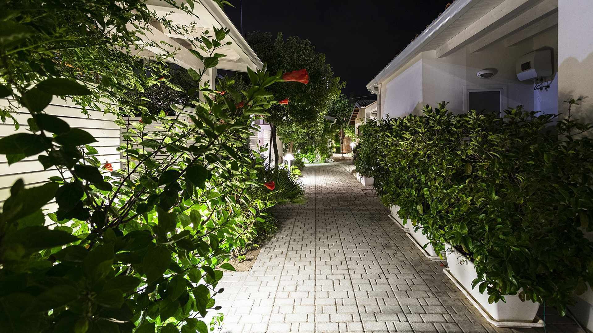 A narrow brick pathway flanked by lush greenery and white buildings at night.
