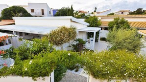 A modern residential building with a flat roof, surrounded by lush greenery and white walls.