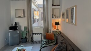 Un espace de vie compact comprenant un coin cuisine, un canapé, une fenêtre avec des rideaux et une petite bibliothèque.