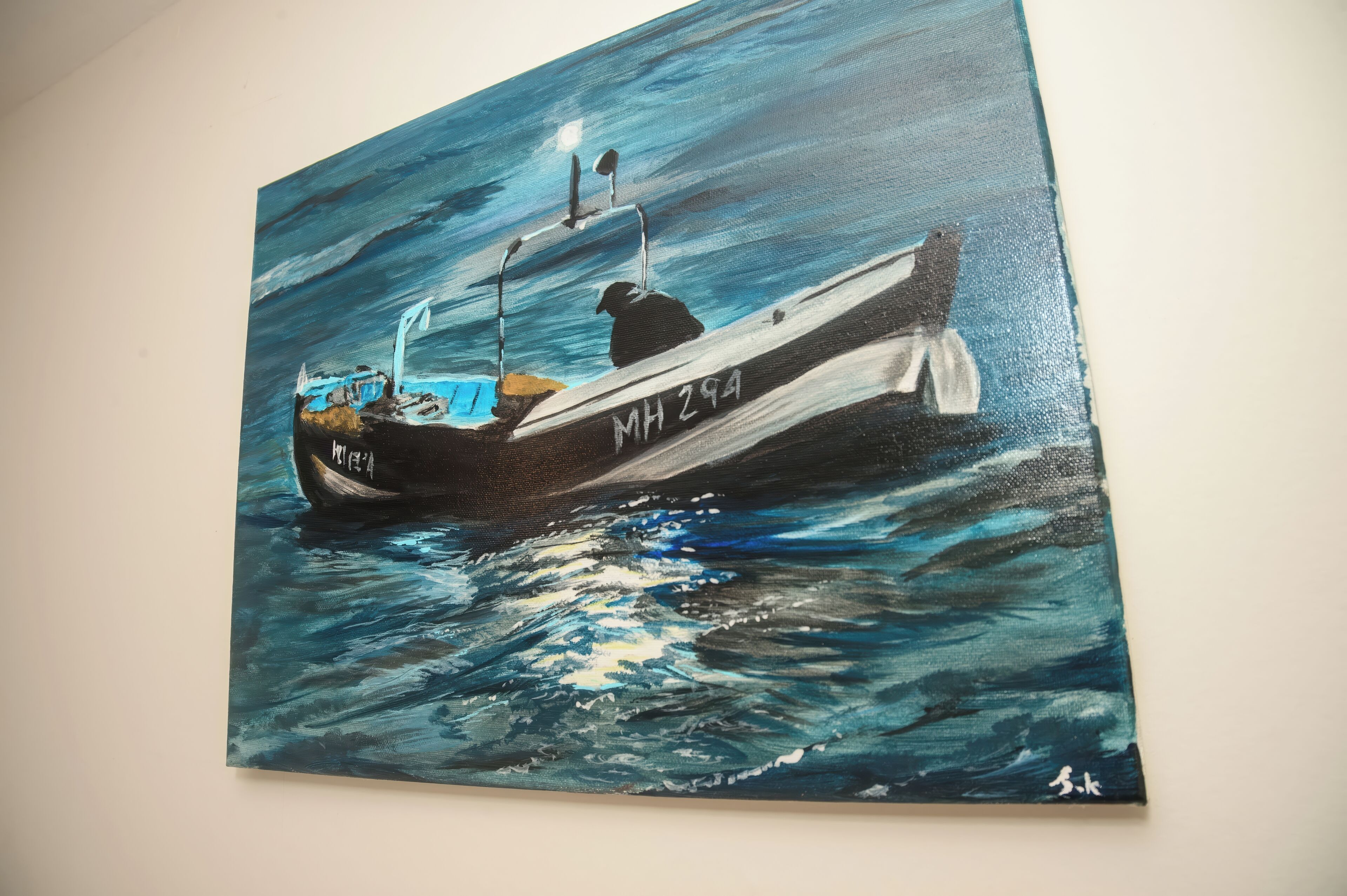 A painting of a boat on water.