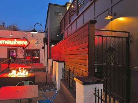 Outdoor dining. Swanky Suite @ Bungalou + Bourbon Bar + Gameyard