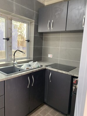 Fridge, microwave, stovetop, electric kettle