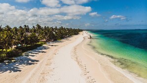 A beach with a clear turquoise sea, white sand, and palm trees. - SBH Kilindini Resort (Matemwe)