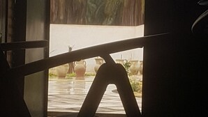 A view through a doorway with a metal railing, leading to an outdoor area with palm trees and a tiled floor. - JARDIA beautiful vacation villa in the heart of the palm grove (TOZEUR)