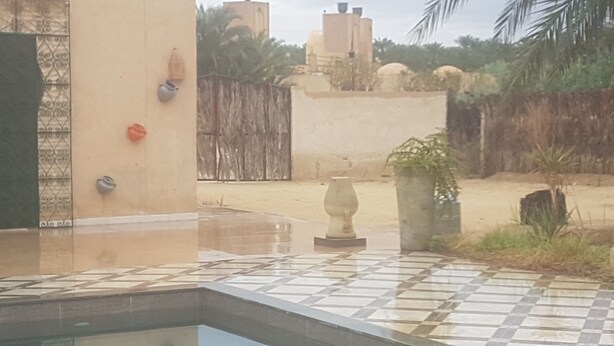 A tiled courtyard with a decorative urn, a wall with a textured pattern, and a metal gate. - JARDIA beautiful vacation villa in the heart of the palm grove (TOZEUR)