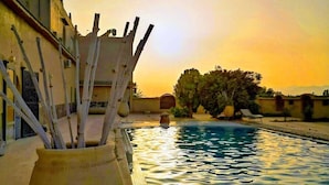 Une piscine avec un bord carrelé, un grand bac à plantes rempli de branches et, au fond, un bâtiment doté d’un toit plat.
