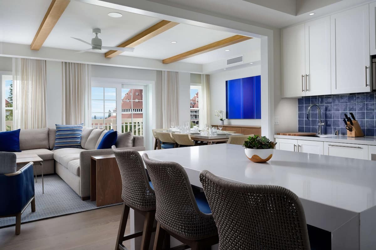 A modern kitchen with white cabinets, a blue backsplash, and a central island.