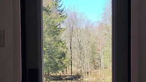 Vista a través d'una porta d'un llac envoltat de boscos, amb una zona verda al primer pla.