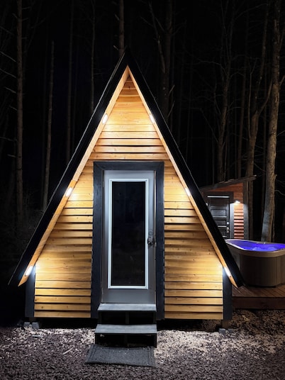Glamp in this Cozy Tiny A-Frame Cabin: Electricity, Heating, AC, Wi-Fi & Hot Tub