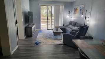 Smart TV, fireplace, books