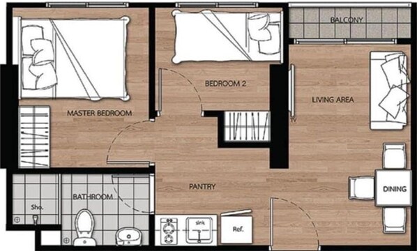 A floor plan of a hotel room layout including a master bedroom, bedroom 2, living area, balcony, dining area, bathroom, and pantry. - Lovely 2-bed Apart - 19th Floor Notting Hill Bldg (Samut Prakan)