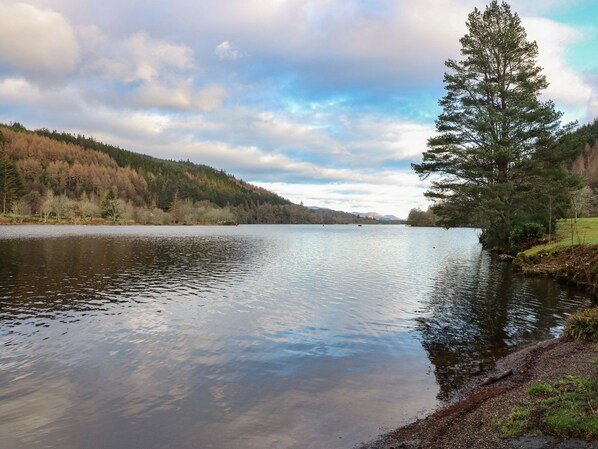A calm lake with a forested hillside and a clear sky.