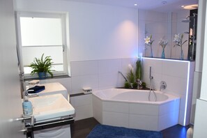 Baignoire, séchoir à cheveux, serviettes fournies, savon