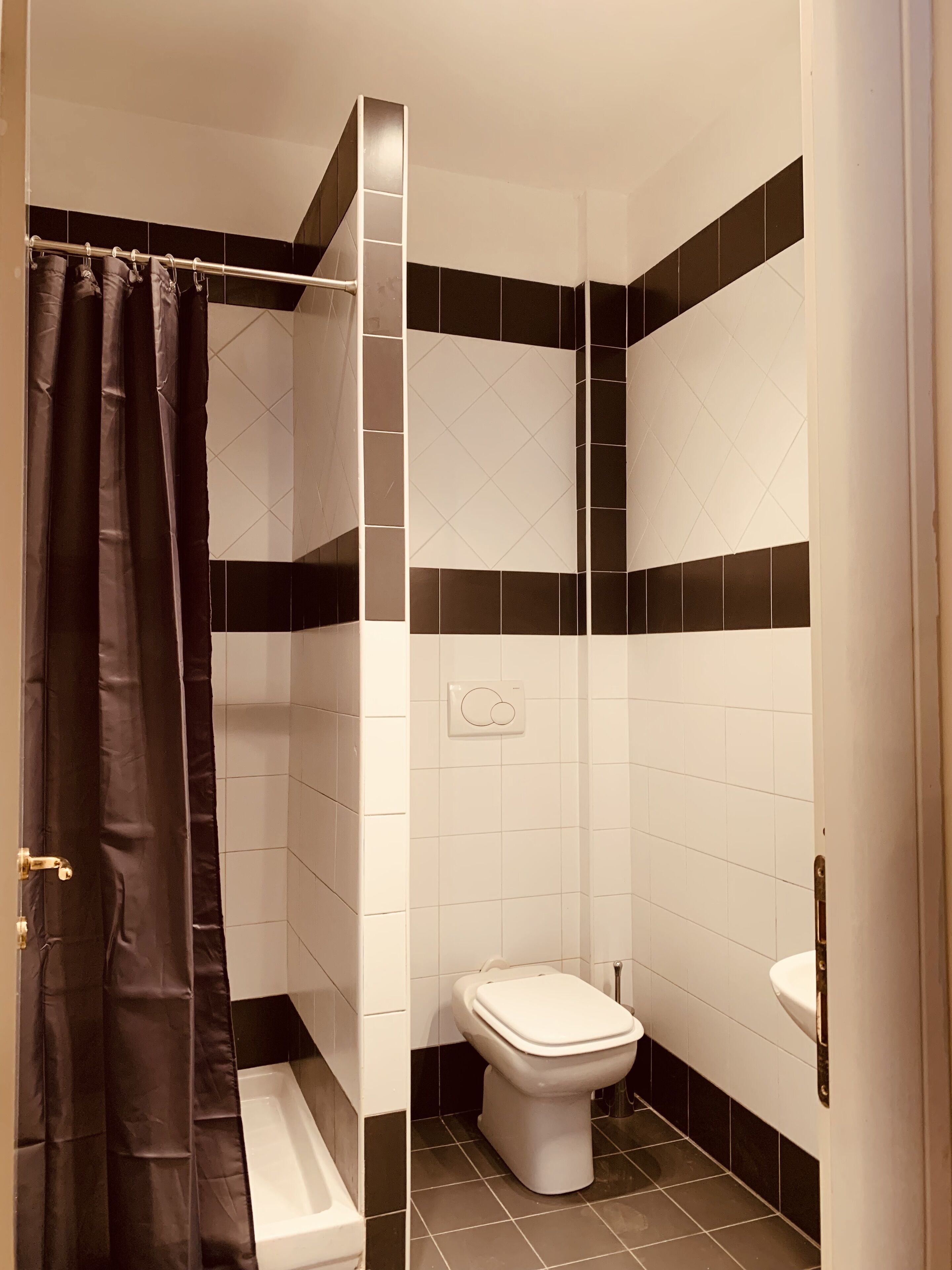 A bathroom with a shower, toilet, and sink.