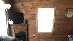 A wooden interior with a sofa, a small table, and a television. - Cabin #4   Secluded and Quiet (Oneida)