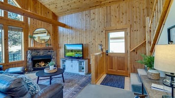 Smart TV, fireplace, DVD player, books