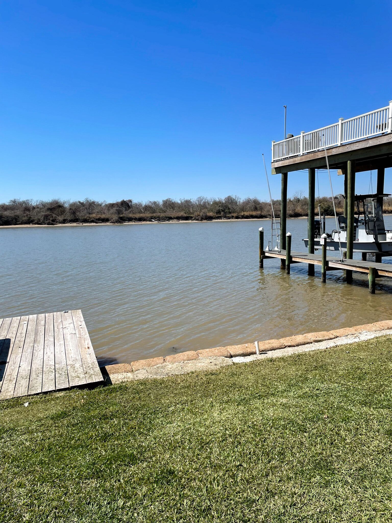 A wooden dock extending into a calm lake, with a grassy area in the foreground and a clear blue sky above.