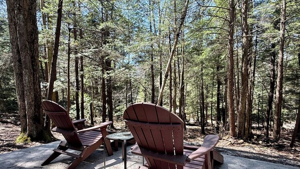 Deux fauteuils Adirondack et une petite table, le tout installé dans un espace boisé.