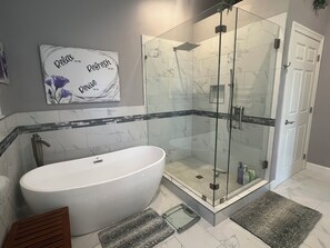 Combined shower/bathtub, hair dryer, towels, soap