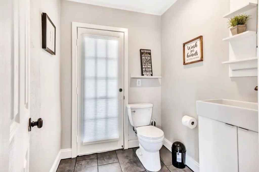 A bathroom with a toilet, a white sink, a trash bin, and two wall-mounted shelves with plants.