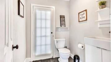 A bathroom with a toilet, a white sink, a trash bin, and two wall-mounted shelves with plants.