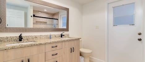 Combined shower/tub, jetted tub, hair dryer, bidet