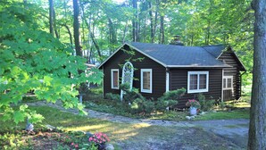 A rustic cabin surrounded by lush greenery and a stone pathway.
