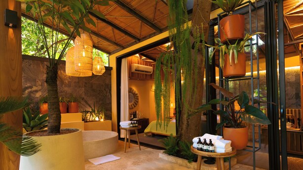 A spa area with a bathtub, a small table with toiletries, and various potted plants. - awā Beachfront Hotel (Cahuita)