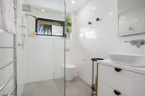 Chuveiro, secador de cabelo, toalhas de banho 