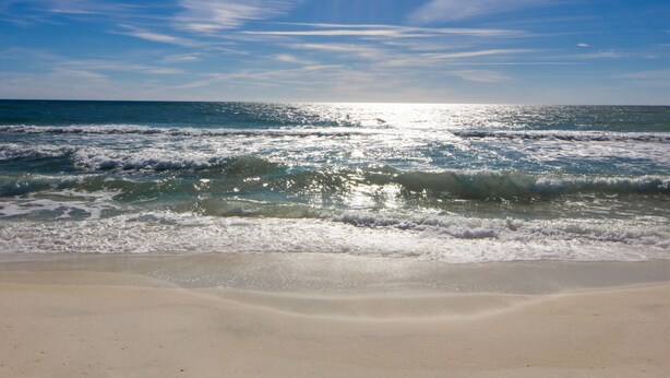 Une plage avec des vagues et un ciel dégagé.