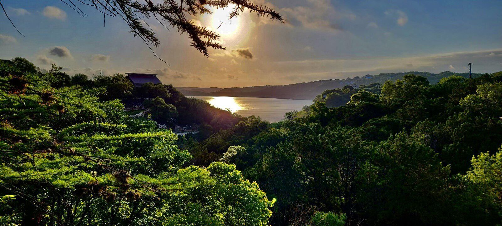 Un paisaje exuberante con vegetación densa y una masa de agua reflejando la luz del sol.