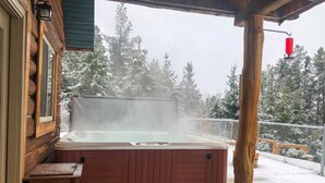 Un jacuzzi con escalones, una terraza de madera y un bosque nevado al fondo.