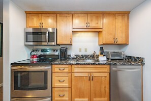 Microwave, coffee/tea maker, toaster, cookware/dishes/utensils