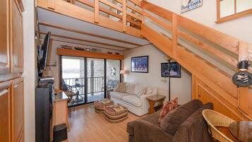 Flat-screen TV, fireplace, video games
