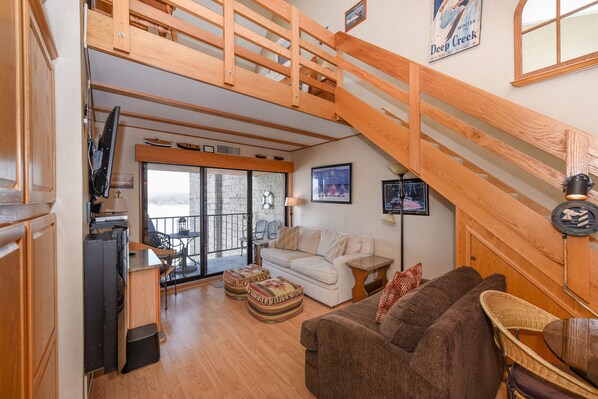 Flat-screen TV, fireplace, video games