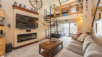 Télévision à écran plat, cheminée, jeux vidéo, lecteur de DVD