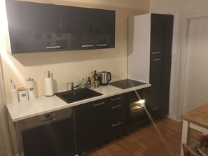 KĂŒhlschrank, Ofen, Herdplatte, Wasserkocher mit Kaffee-/Teezubehör