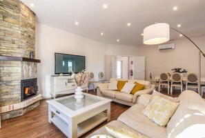 Télévision, cheminée, table de tennis de table, chaîne hi-fi