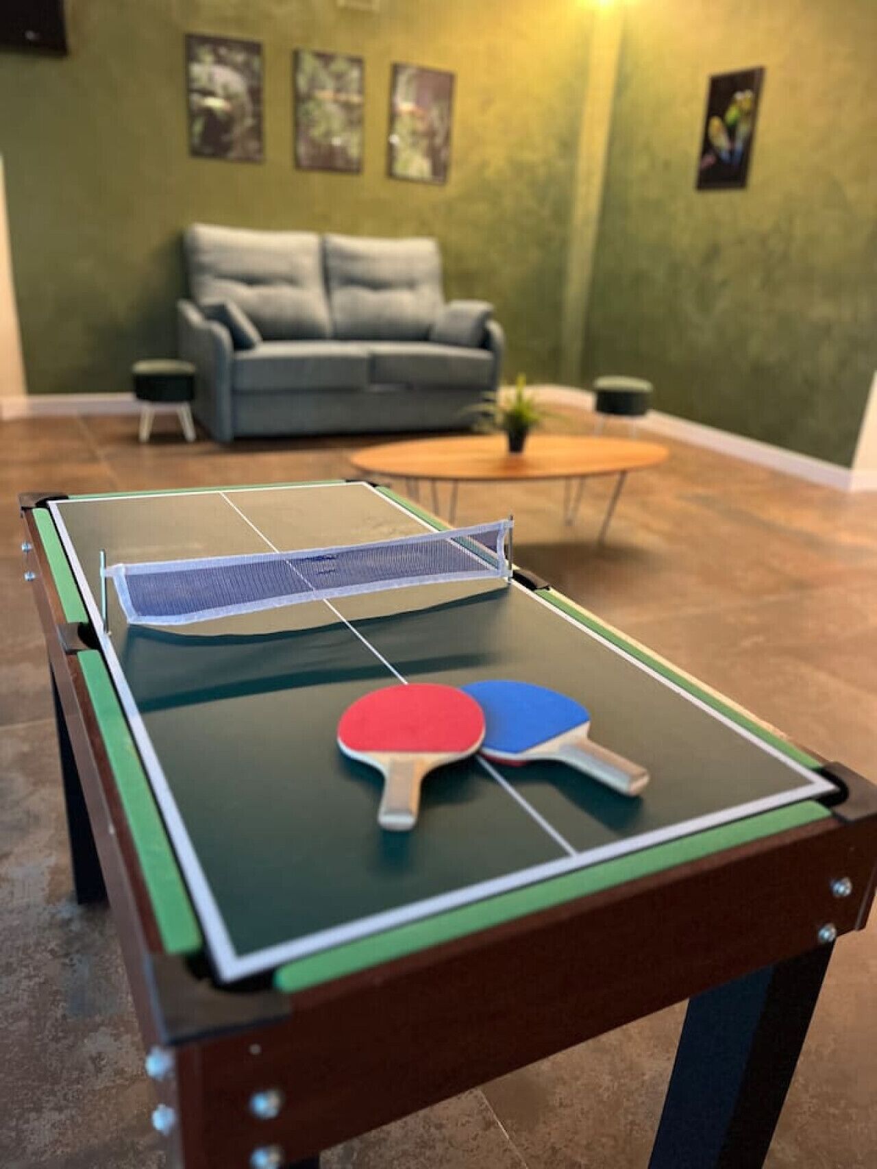 Een tafeltennistafel met twee batjes in een kamer met een groene muur, een grijze bank en een kleine ronde tafel met een plant.