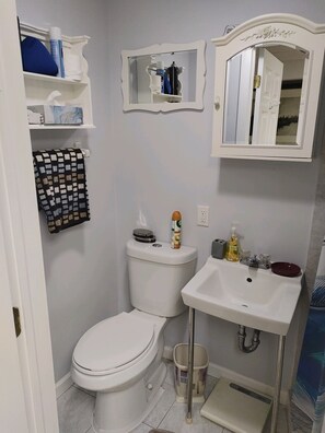 Shower, towels, soap, toilet paper