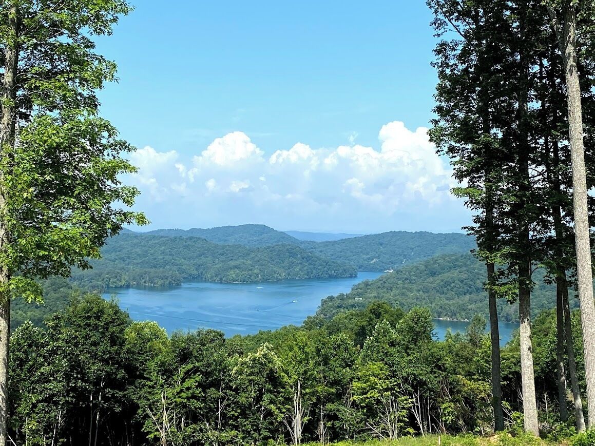 A lake surrounded by dense forest and hills.