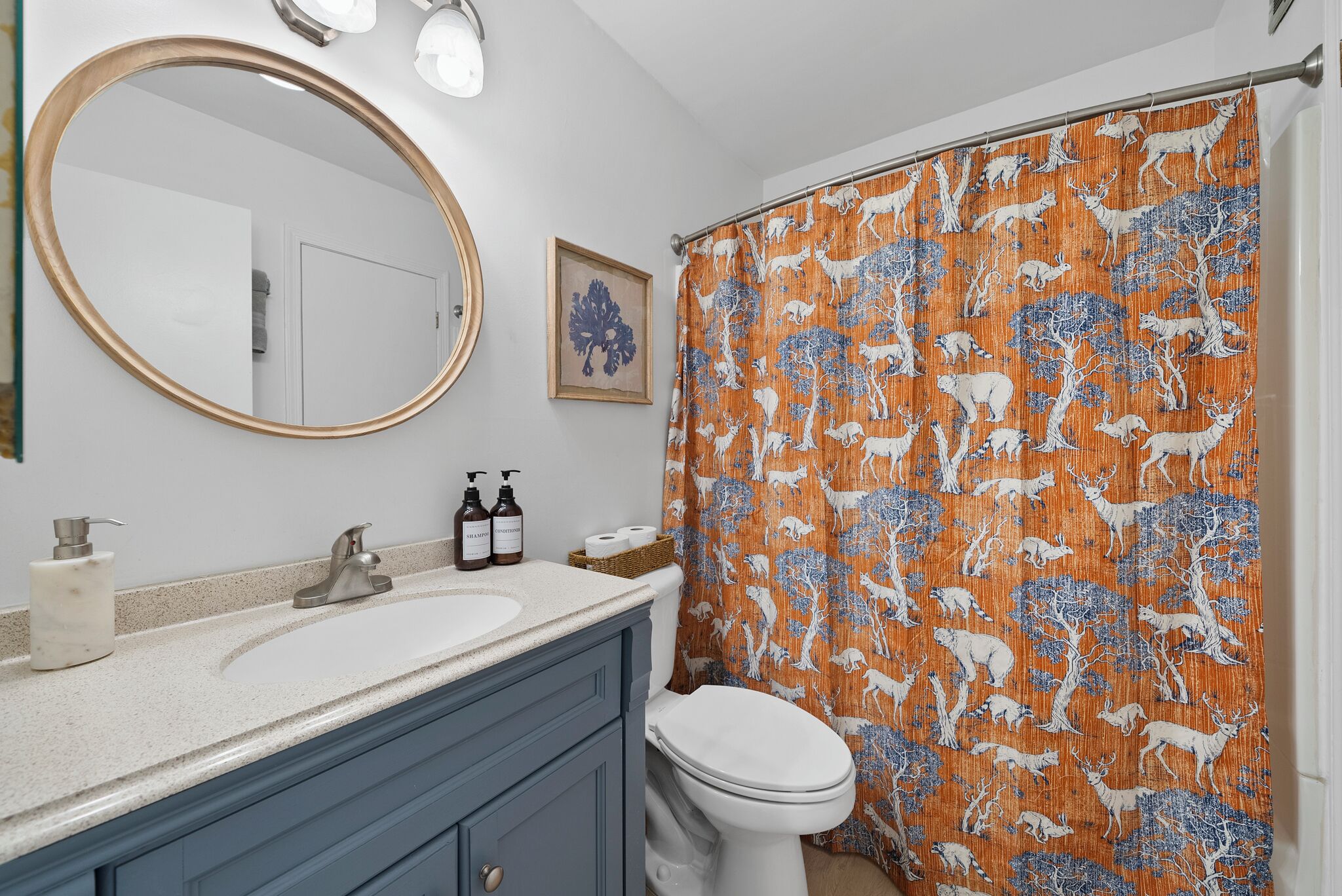 Combined shower/tub, hair dryer, towels, soap