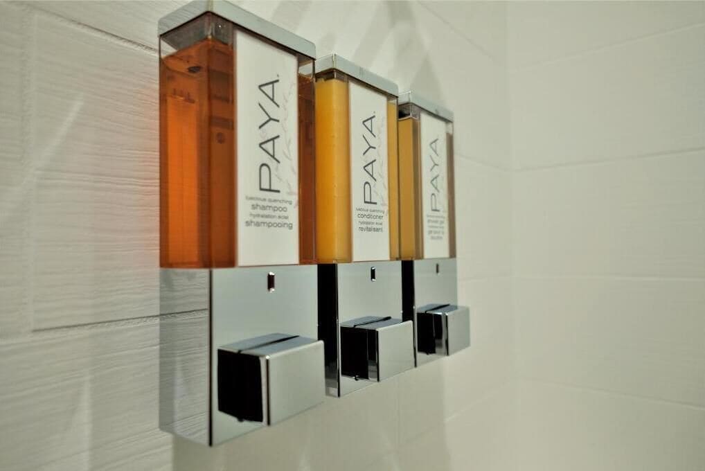 eco-friendly toiletries, hair dryer, towels, soap