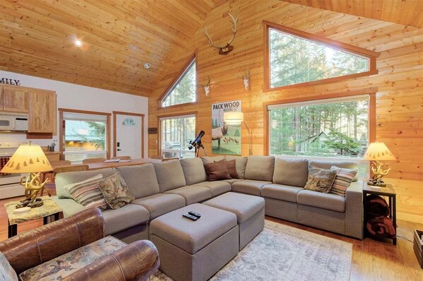 Flat-screen TV, fireplace, books